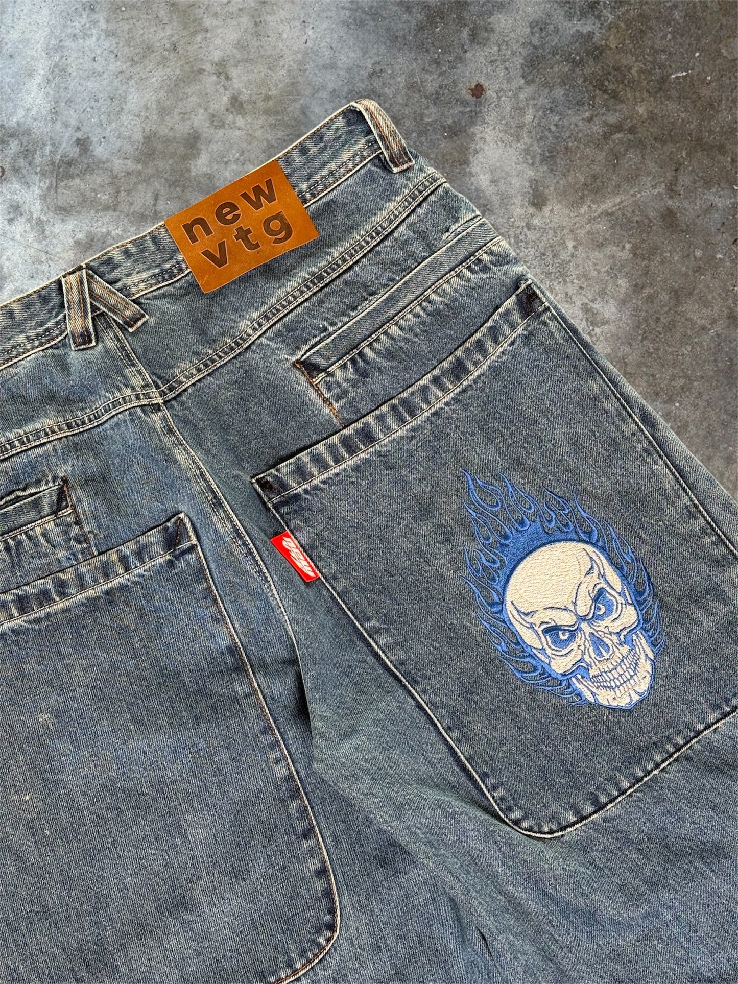 Flaming Skull Wide-Leg Denim Jeans