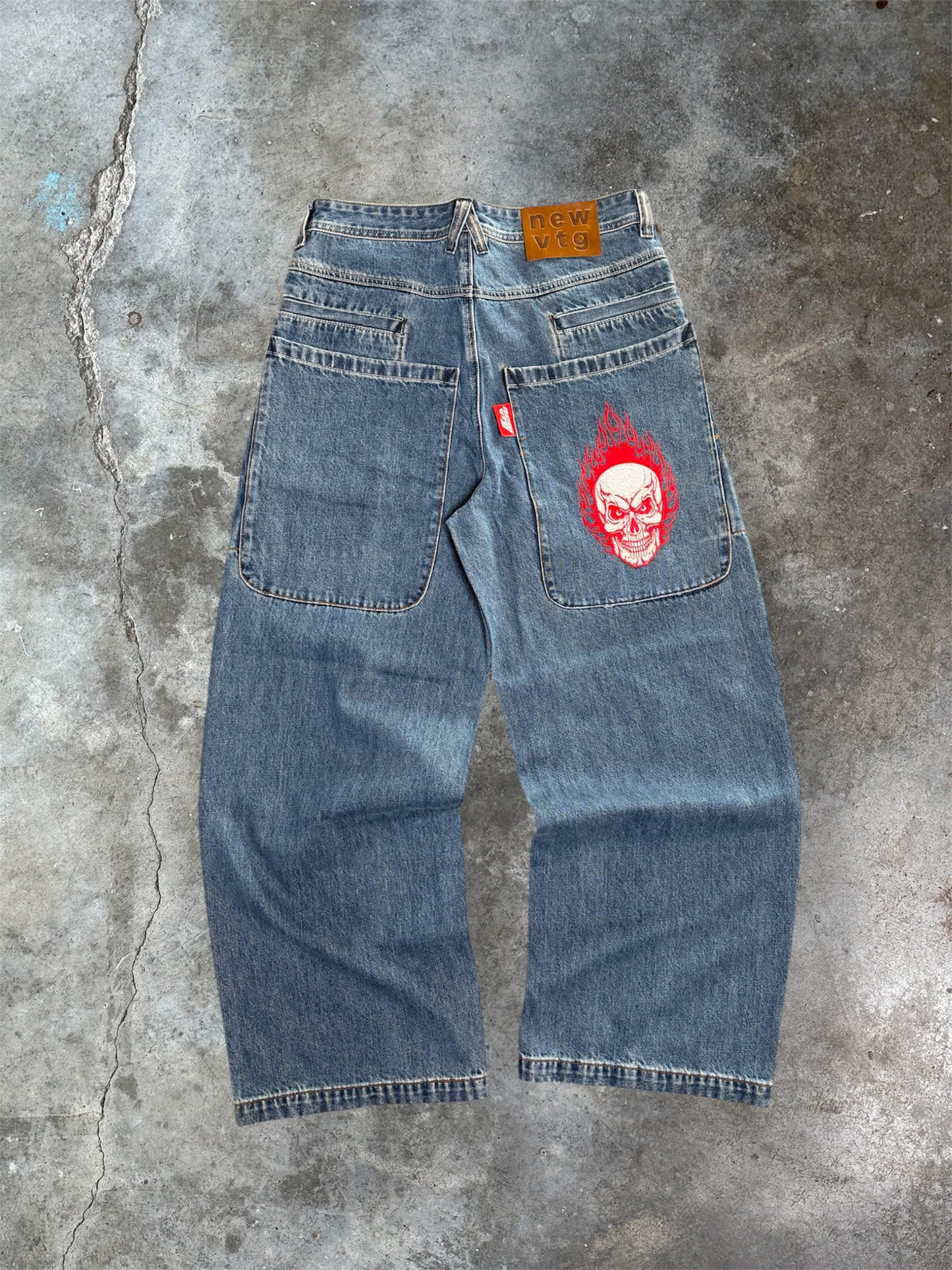 Flaming Skull Wide-Leg Denim Jeans