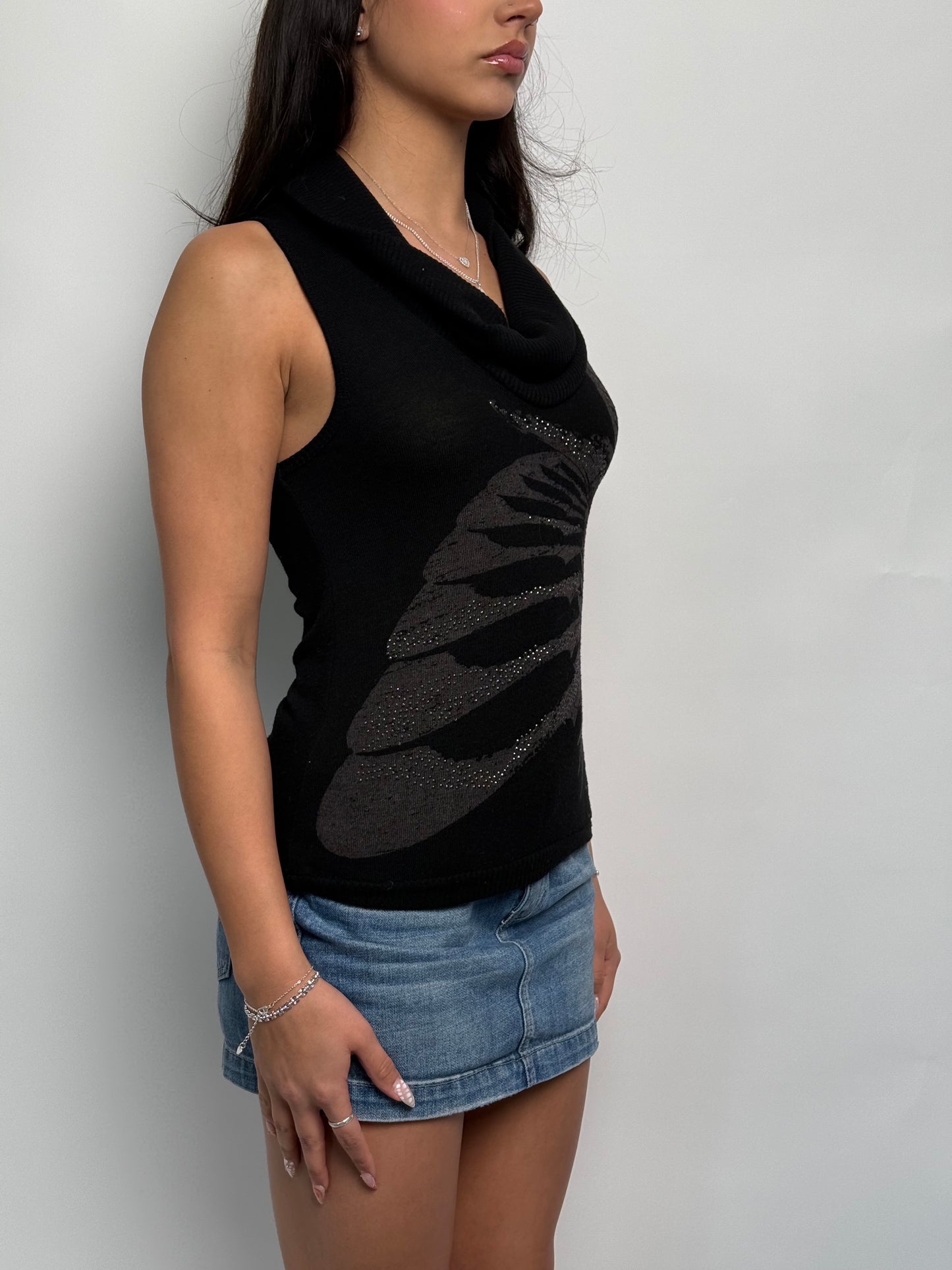(S) 00s Floral Rhinestone Cowl-Neck Top