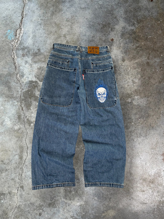 Flaming Skull Wide-Leg Denim Jeans