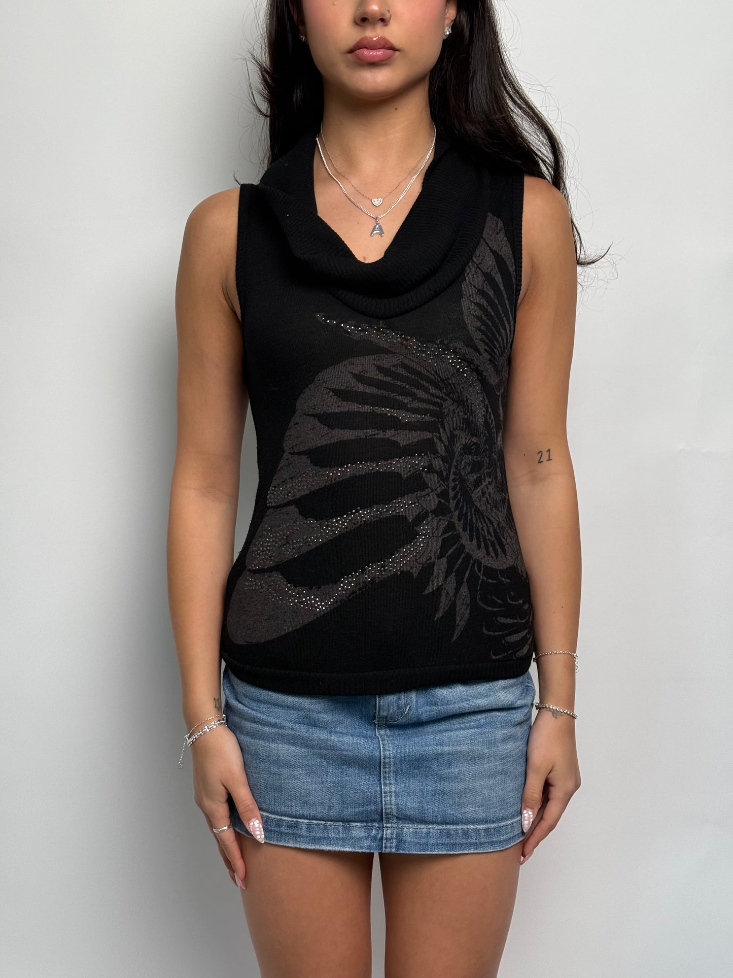 (S) 00s Floral Rhinestone Cowl-Neck Top
