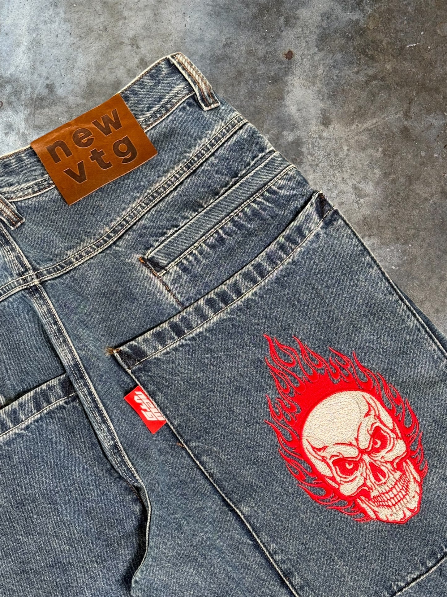 Flaming Skull Wide-Leg Denim Jeans