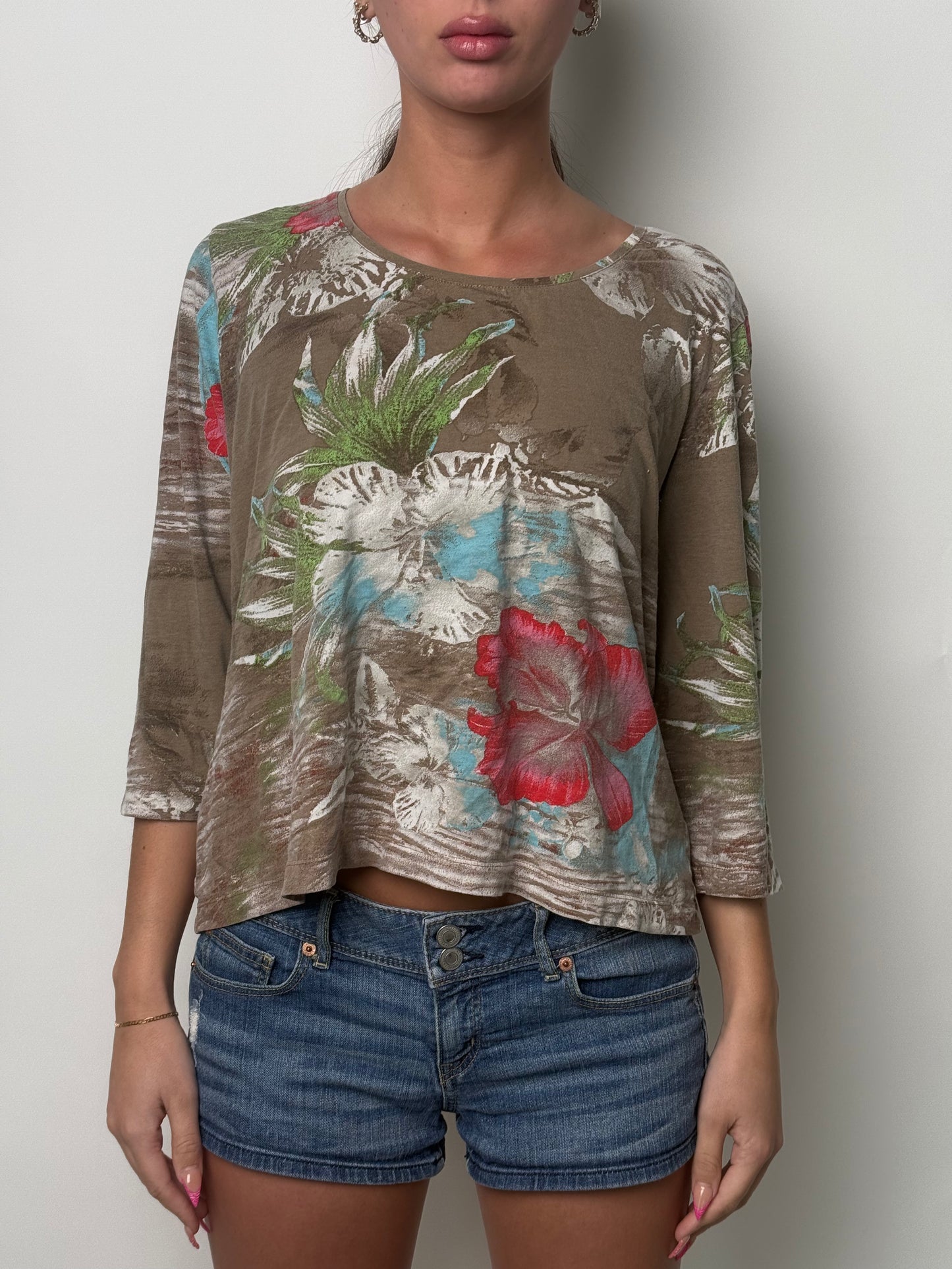 (M) 00s Floral Half-Sleeve Top
