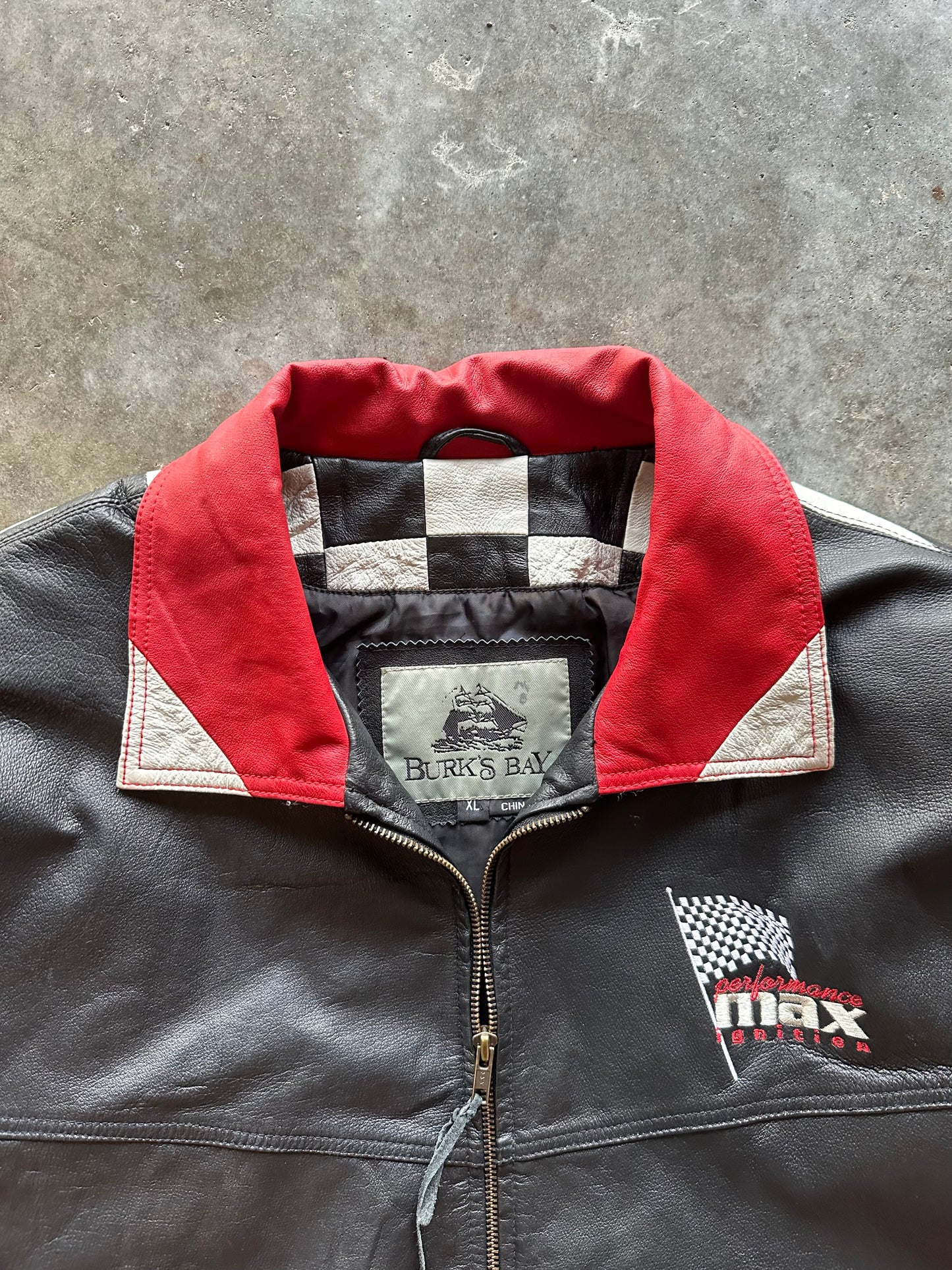 (XL) Vintage Checkered Racing Leather Jacket