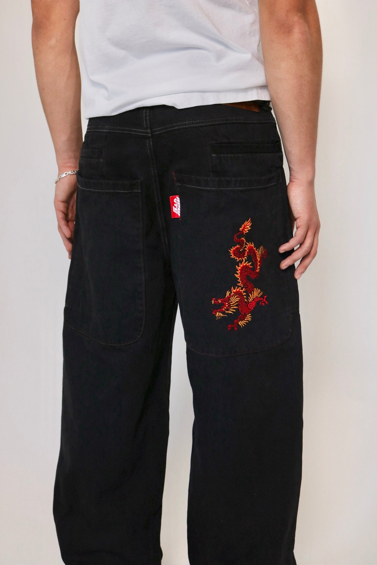 001 Dragon Embroidered Wide-Leg Darkwash Jeans