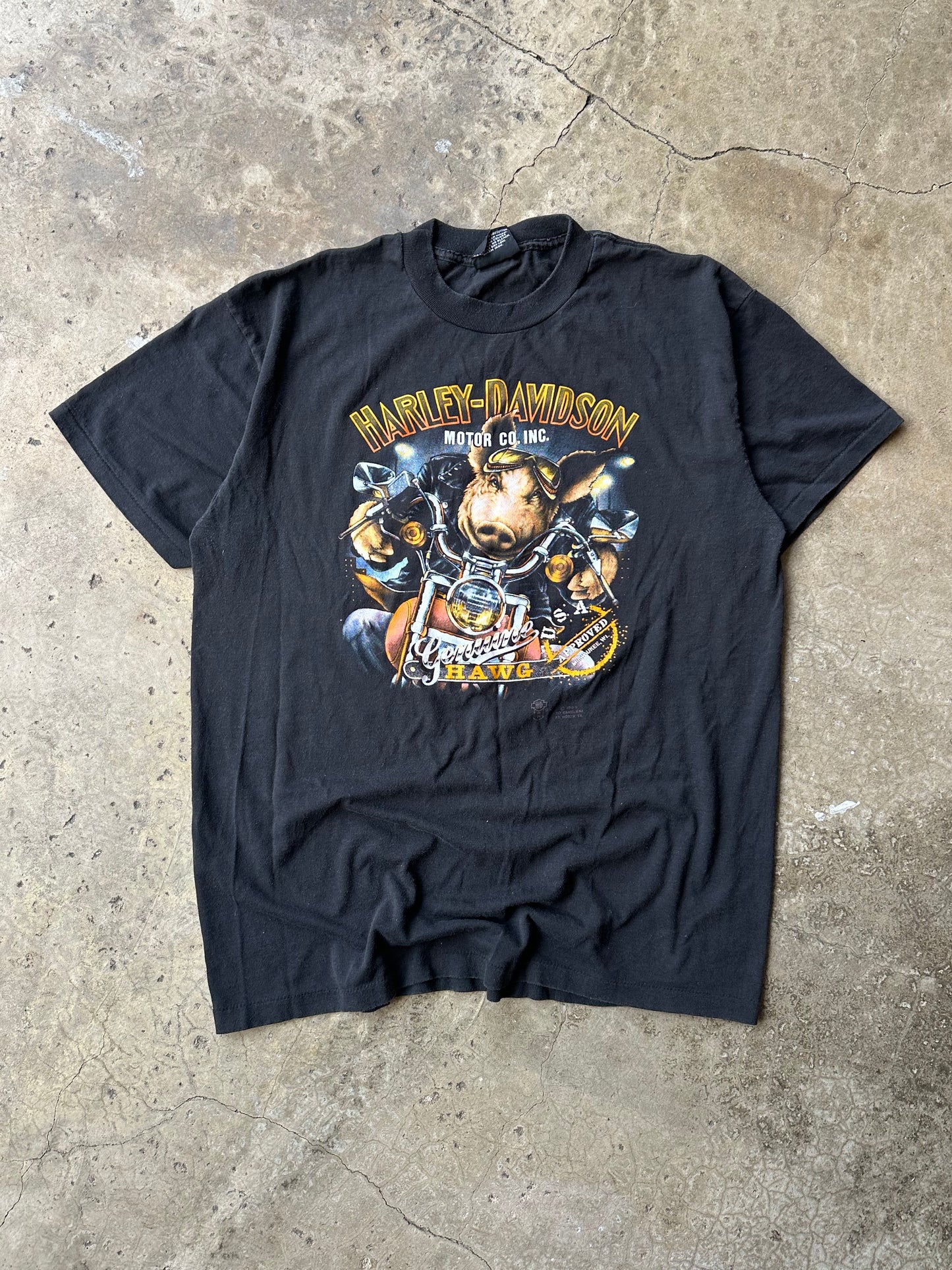 (XL) Vintage 1989 Harley Davidson 3D Emblem Genuine Hawg Black Tee