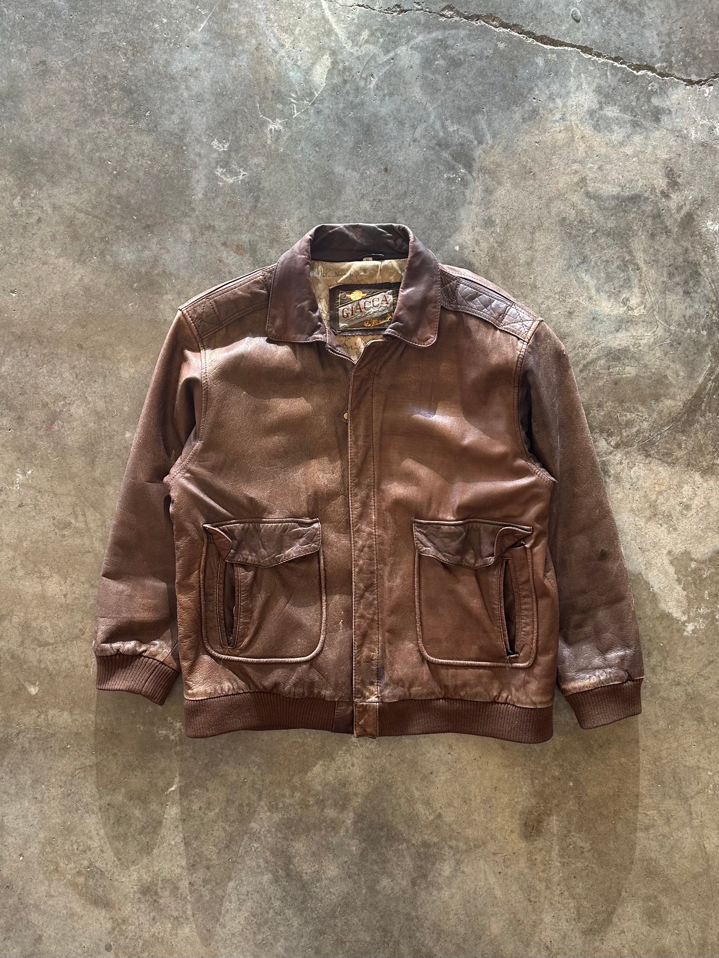 (M) Vintage Map-Lined Leather Jacket