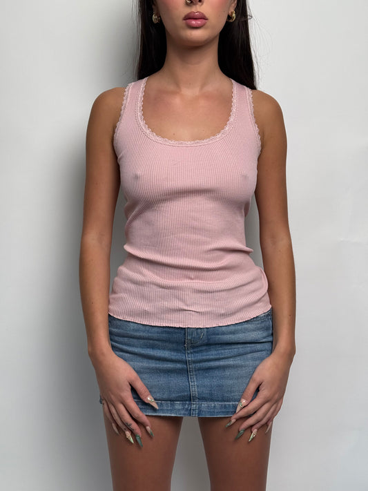 (M) 00s Pink Lace Neckline Tank-Top