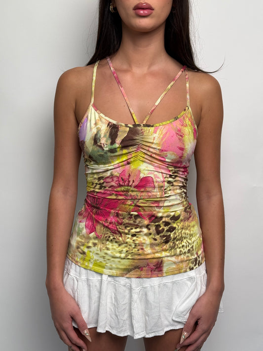 (S) 00s Floral Spaghetti-Strap Top