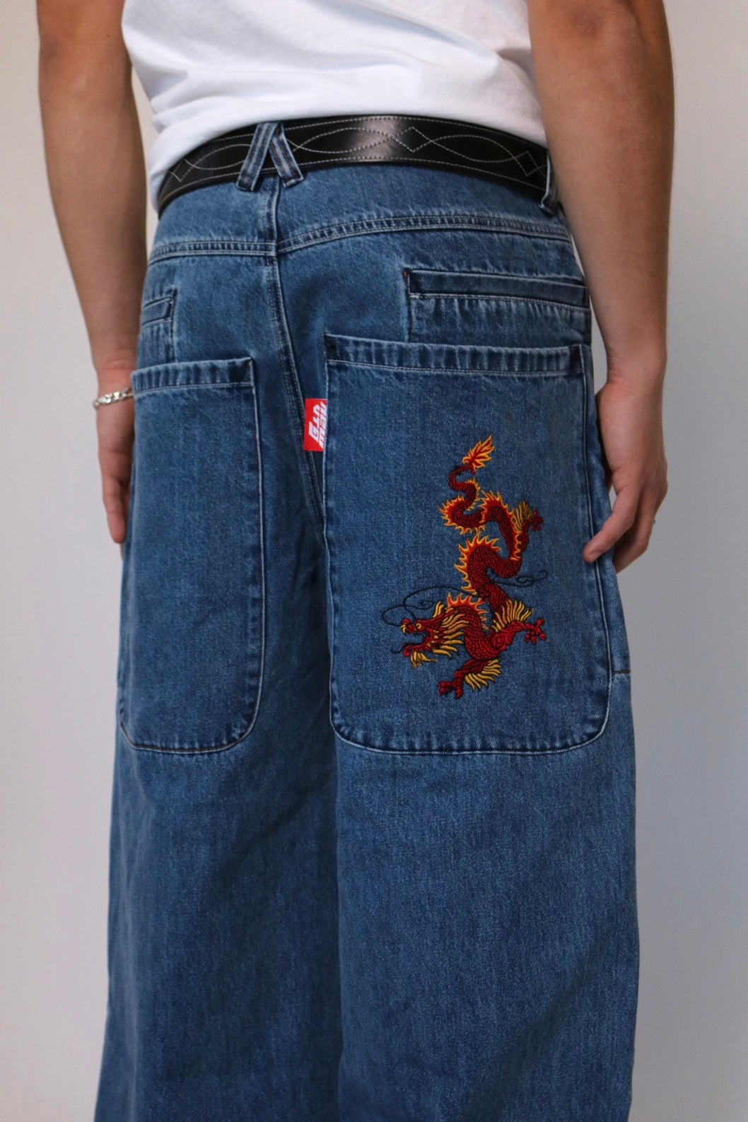 001 Dragon Embroidered Wide-Leg Denim Jeans