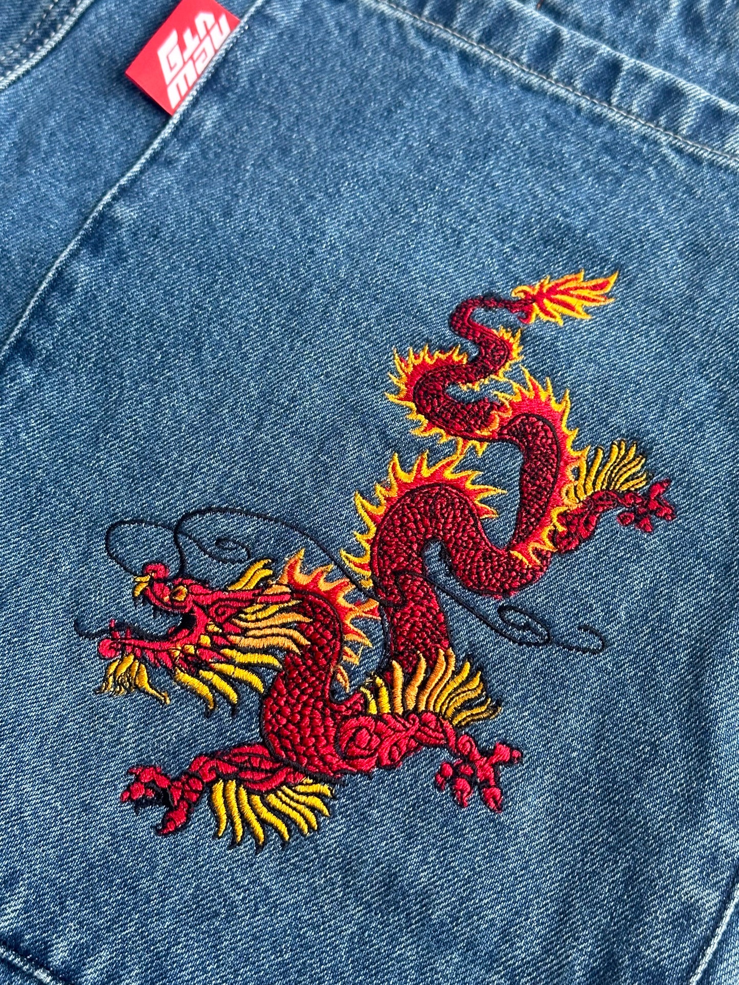 001 Dragon Embroidered Wide-Leg Denim Jeans