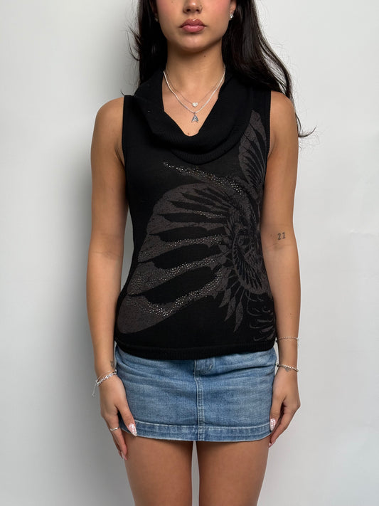 (S) 00s Floral Rhinestone Cowl-Neck Top