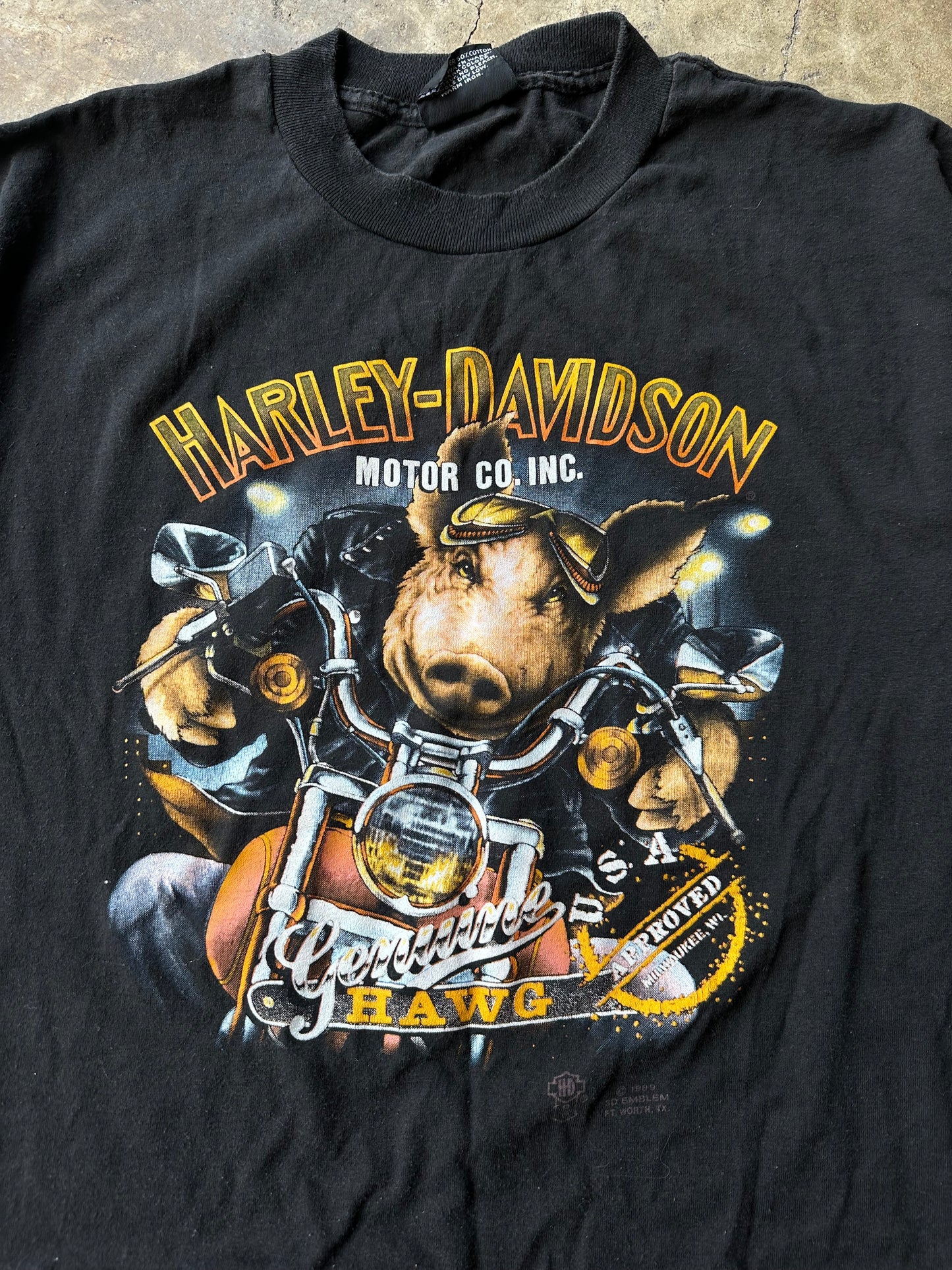 (XL) Vintage 1989 Harley Davidson 3D Emblem Genuine Hawg Black Tee