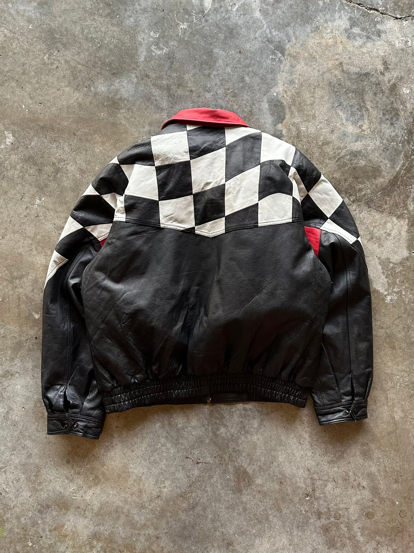 (XL) Vintage Checkered Racing Leather Jacket