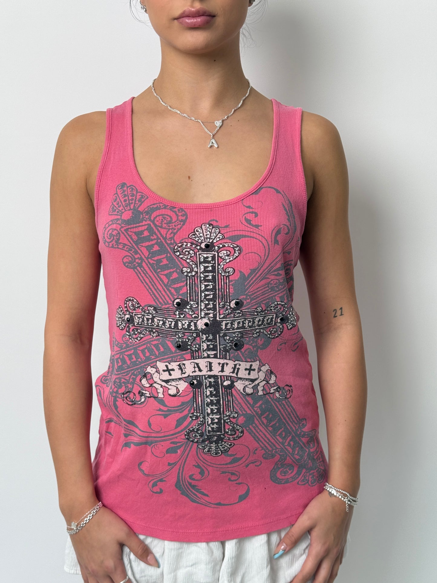 (XL) 00s Cross Rhinestone Tank-Top