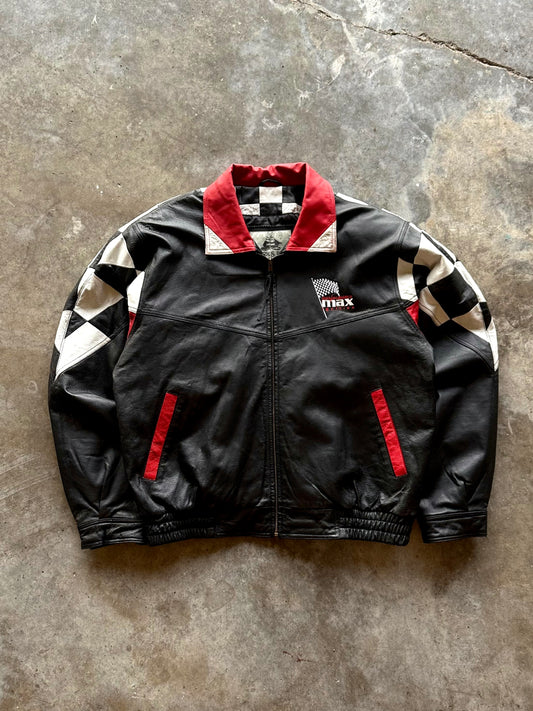 (XL) Vintage Checkered Racing Leather Jacket