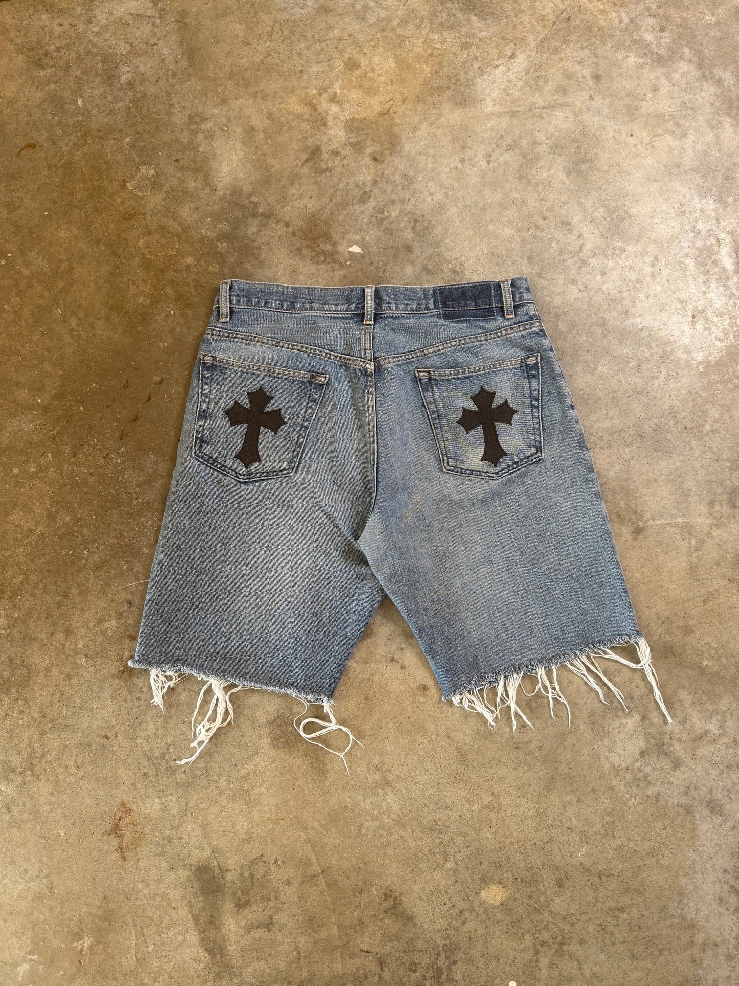 (34) Vintage Cross Embroidered Denim Shorts