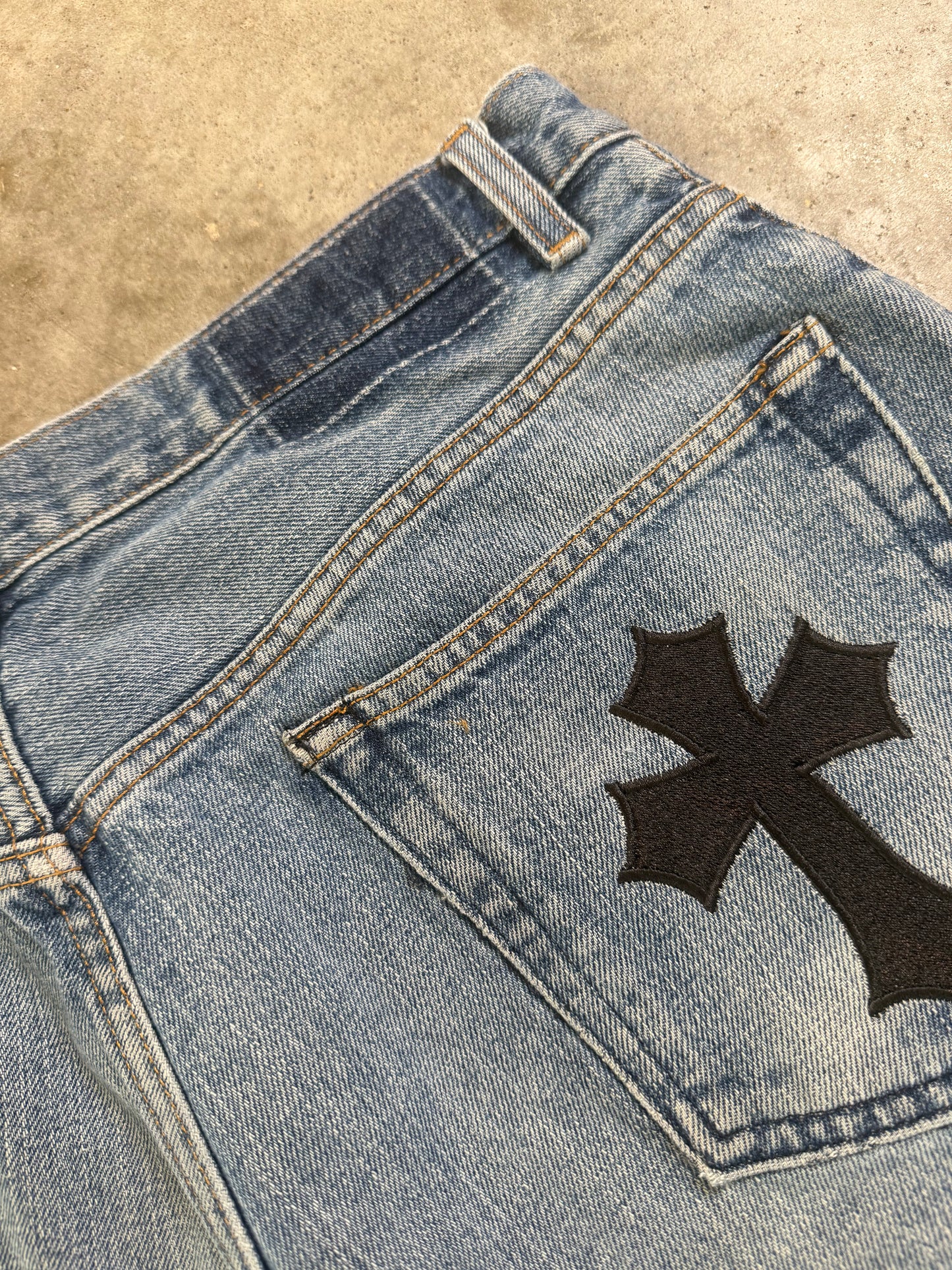 (34) Vintage Cross Embroidered Denim Shorts