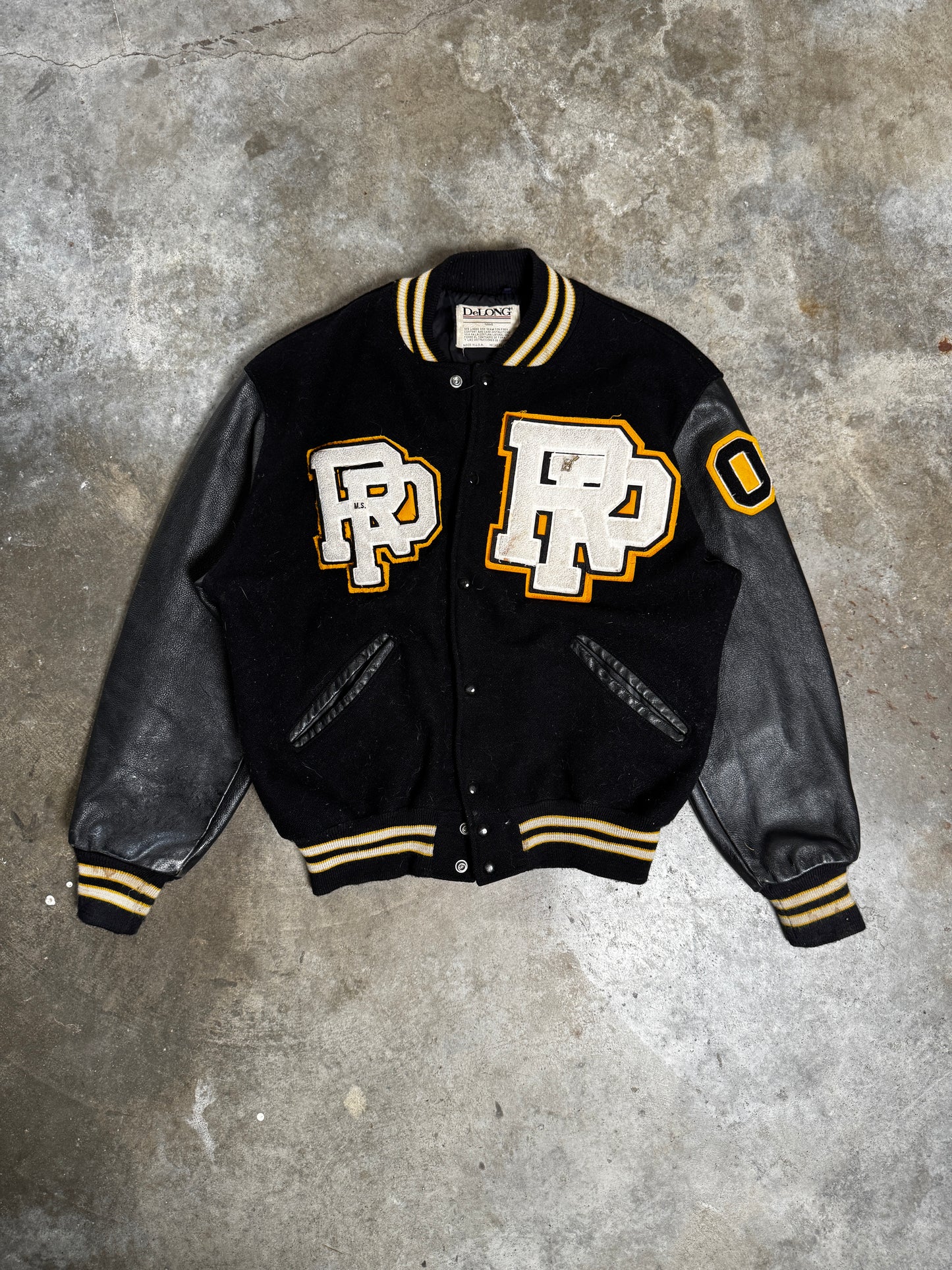 (XL) Vintage DeLong Patched Varsity Jacket